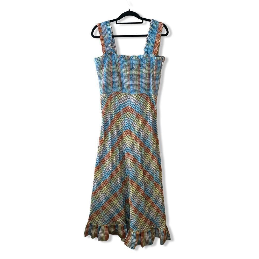 GANNI SEERSUCKER CHECK SLEEVELESS MIDI DRESS smocked cotton summer 42 L - Picture 12 of 14